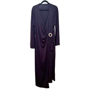 Navy Blue Polyester Knit Faux Wrap Evening Gown Maxi Dress Size 2X